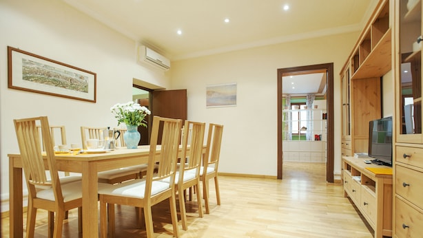 A dining area with a wooden table and chairs, a vase with flowers, and a television on a wooden cabinet. - Bufalo - WR Apartments (Rome)