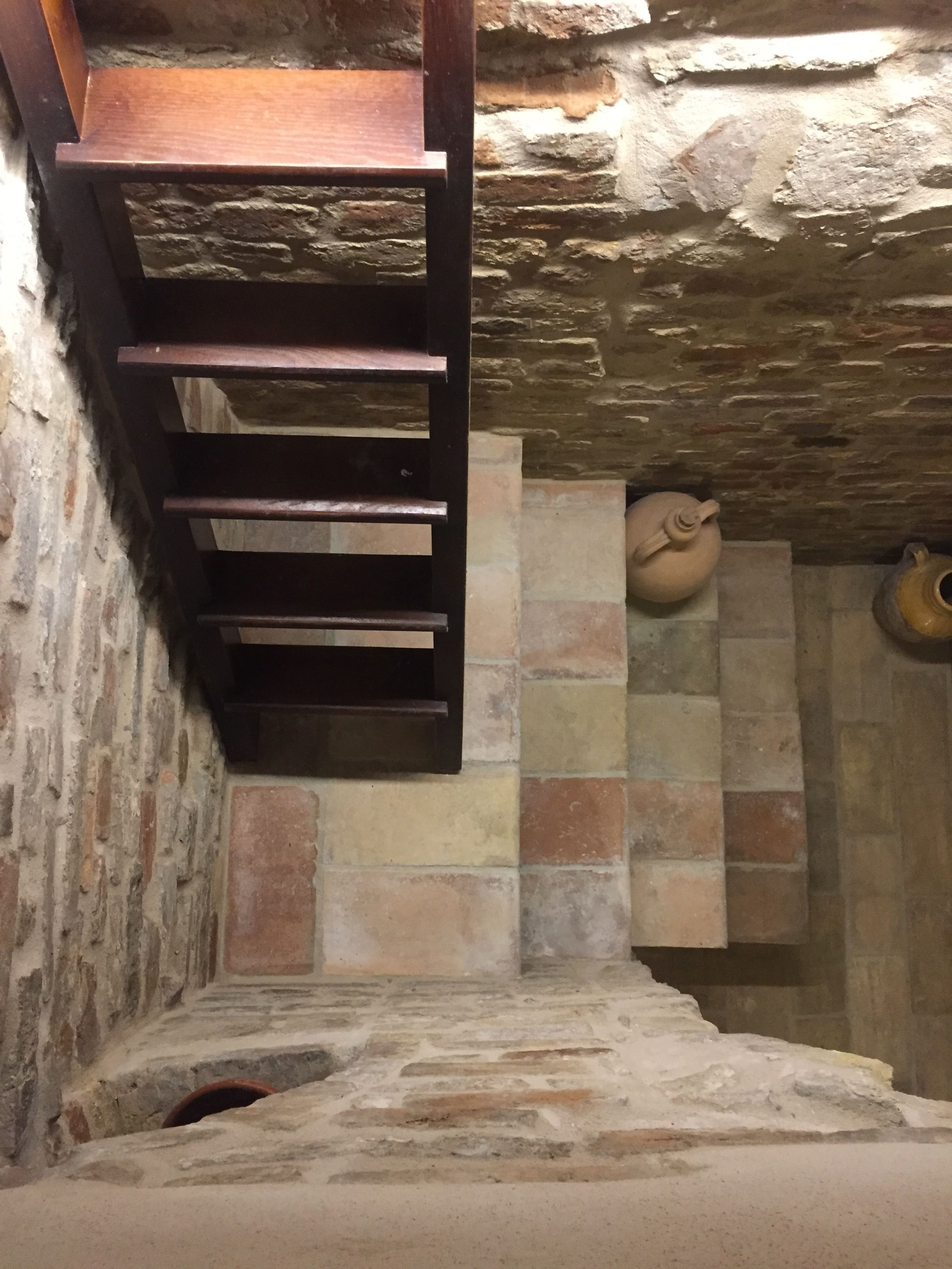 A stone-walled room with a wooden ladder leading to a higher level.