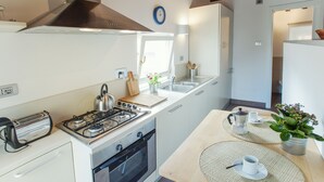 A modern kitchen with a gas stove, a toaster, a sink, and a coffee maker. - Domizio - WR Apartments (Rome)