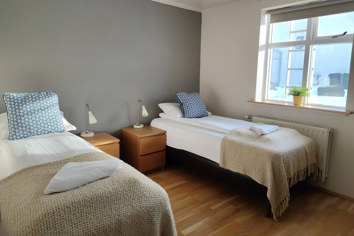 Une chambre avec deux lits, une fenêtre donnant sur un beau paysage, un radiateur et des lampes de chevet.
