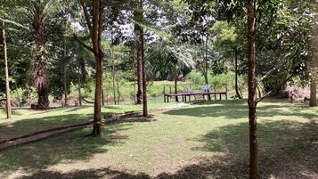 A park with a wooden deck and chairs, surrounded by trees and grass.