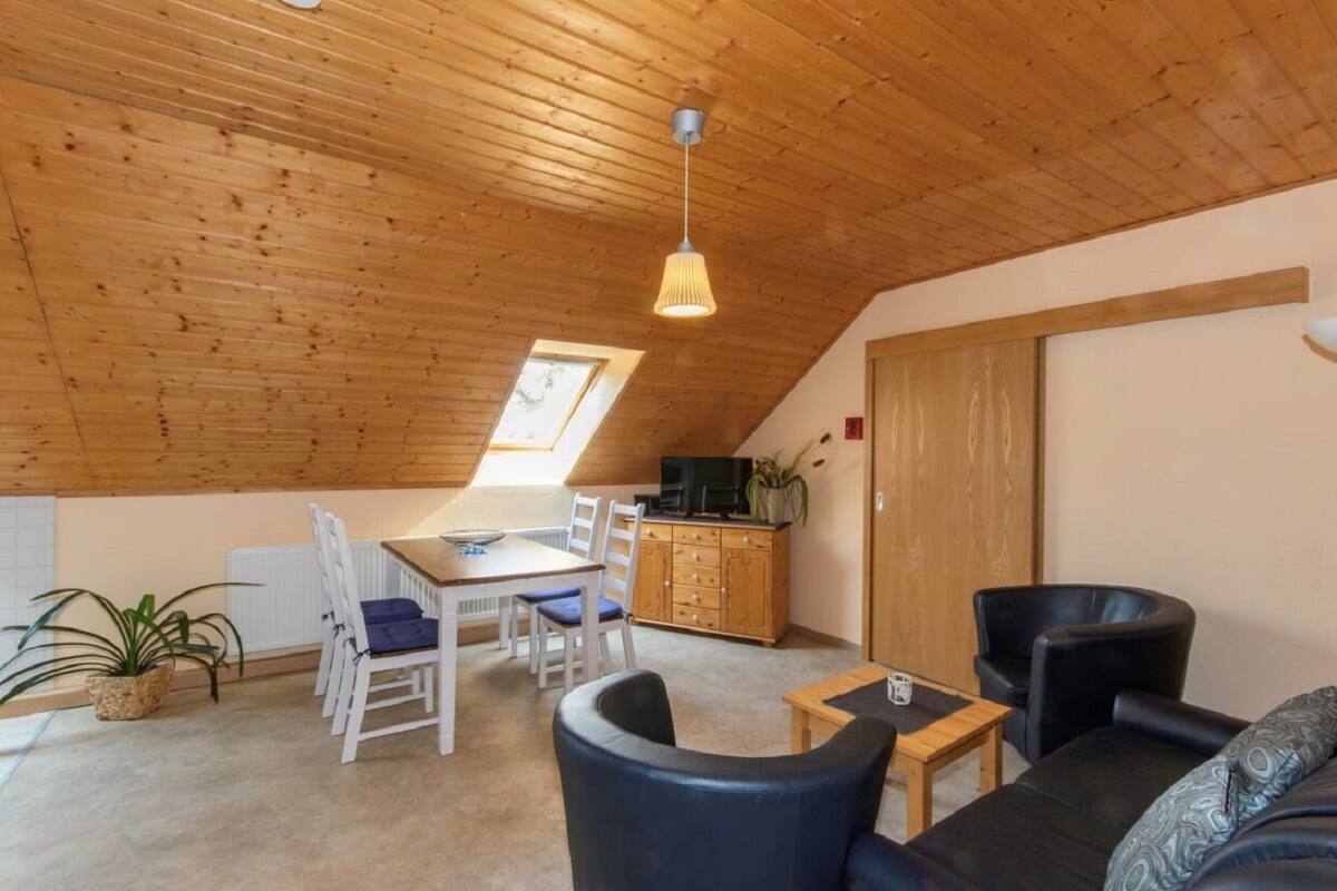 Ein gemütlicher Loftraum mit schrägen Wänden, einem Essbereich mit Tisch und Stühlen, einer Couch und einem Fernseher.