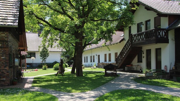 A courtyard with a paved path, a large tree, and a building with a staircase and a balcony. - Ferienhof Bohg (Burg (Spreewald))