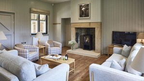 A living room with a fireplace, sofas, armchairs, and a television. - Chesters Stables (Hexham)