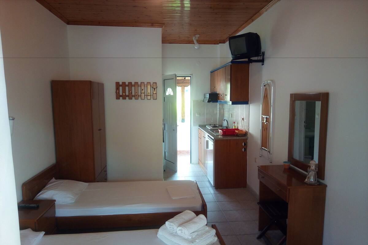 Un dormitorio con dos camas, un armario de madera, un escritorio con espejo y una kitchenette al fondo.