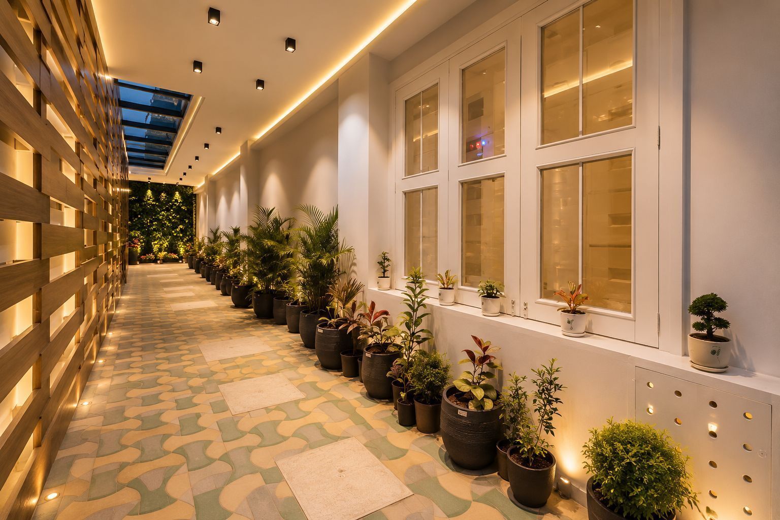 Um corredor com plantas em vasos, piso estampado e corrimão de madeira.