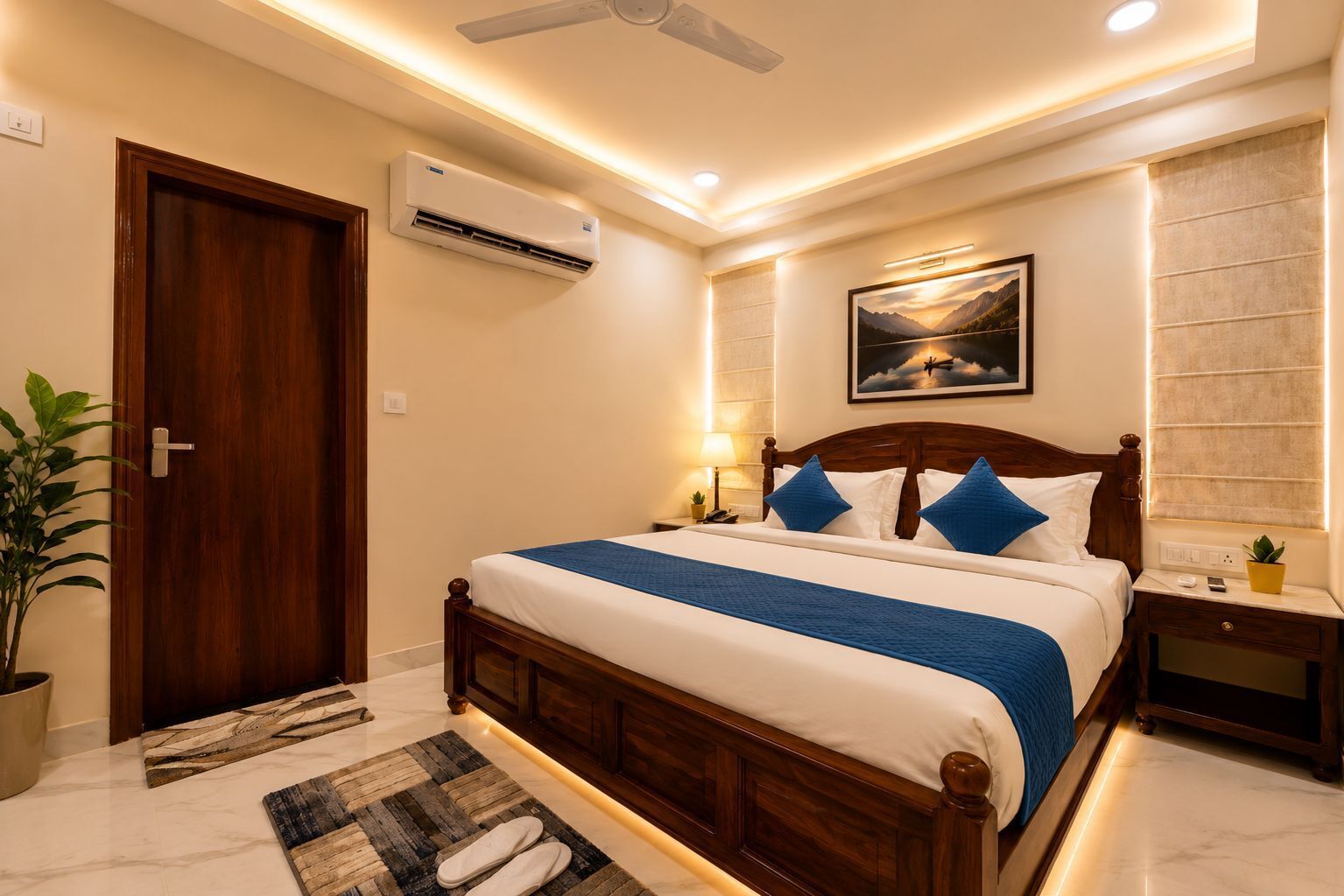 A hotel room with a wooden bed, a nightstand, a wall-mounted air conditioner, a ceiling fan, a framed picture, and a potted plant.