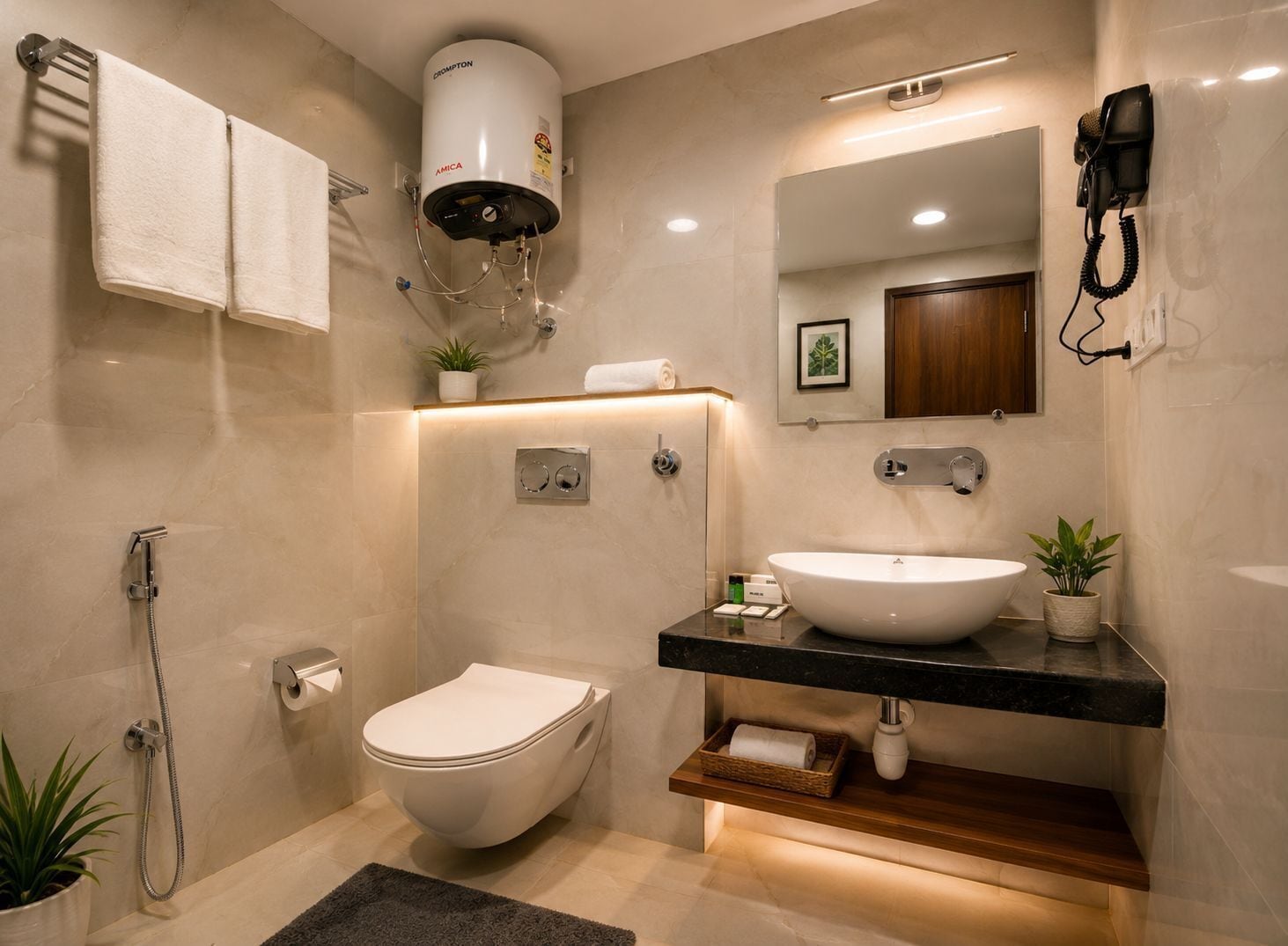 Une salle de bain moderne équipée de toilettes, d’un lavabo et d’une douche.