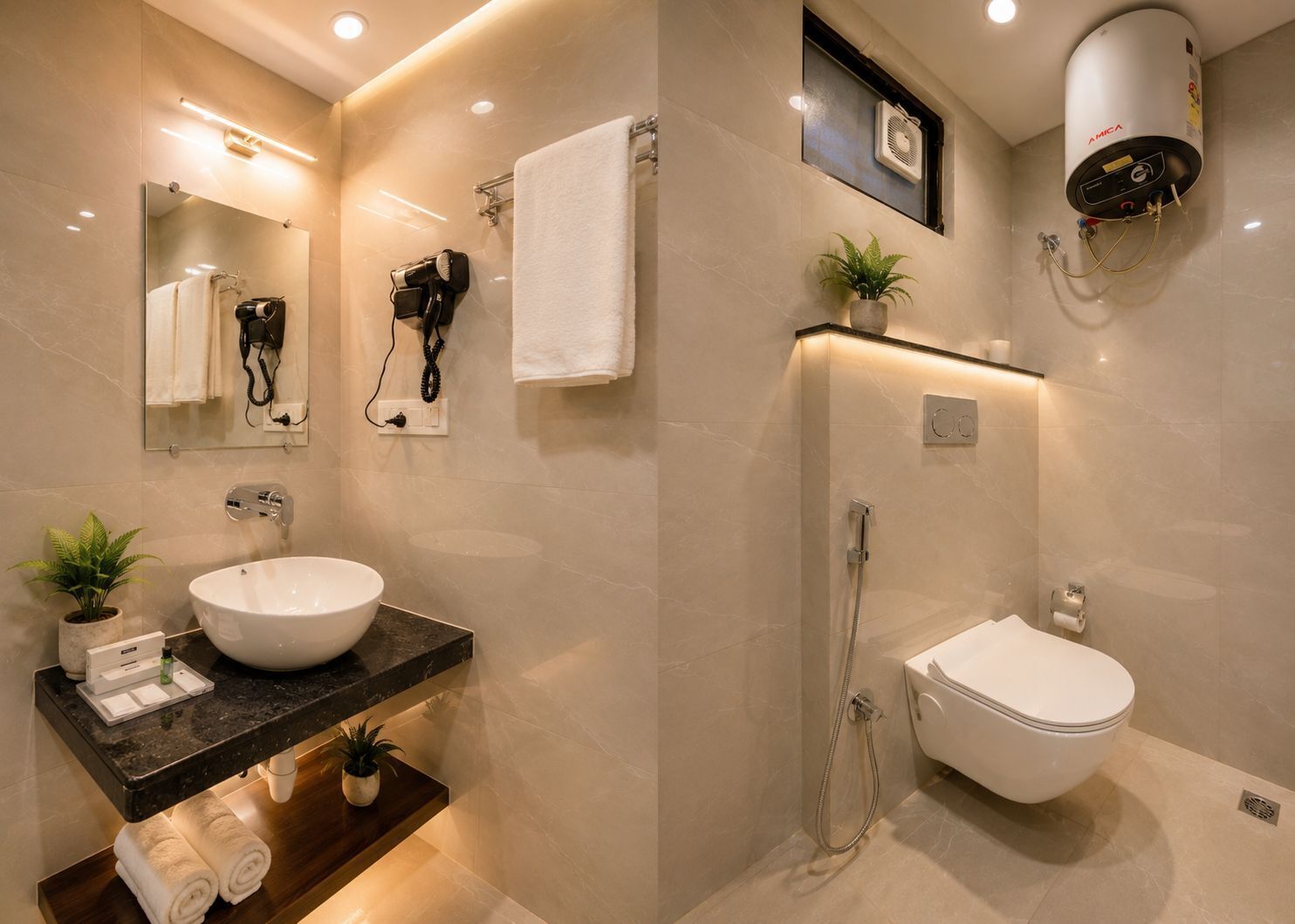 A modern bathroom with a large sink, a toilet, a hairdryer, and a shower.