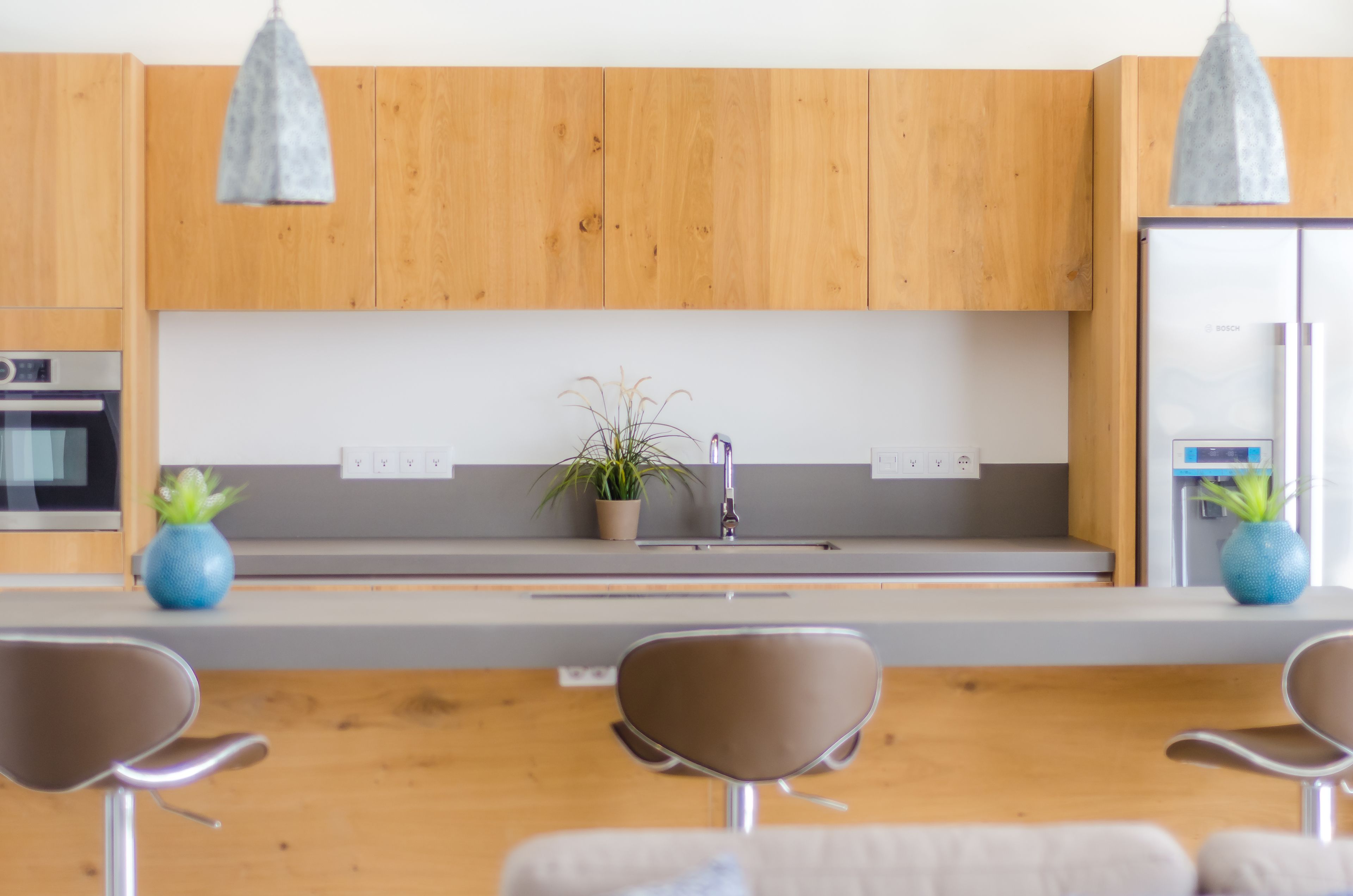 Una cocina moderna con armarios de madera, un refrigerador de acero inoxidable, un lavamanos y dos lámparas colgantes. Hay dos plantas en macetas sobre la encimera.