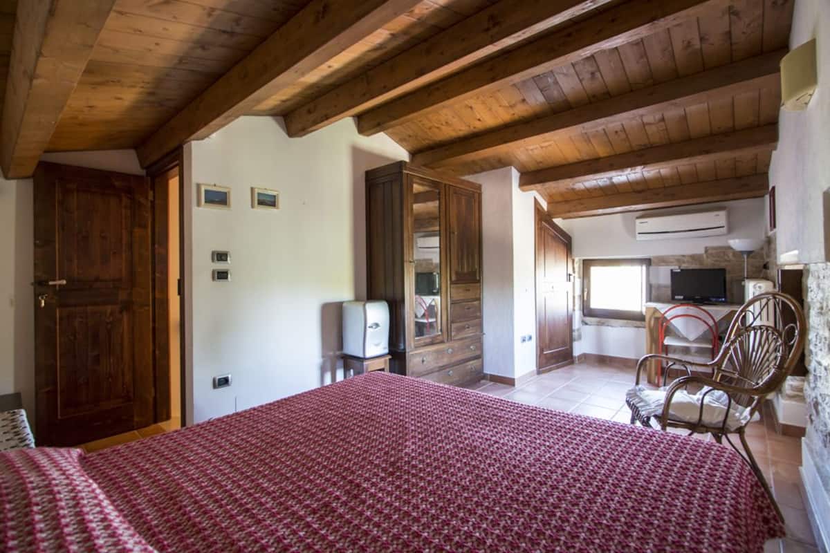 Ein Schlafzimmer mit Holzboden, einem Bett mit gemustertem Überwurf, einem Holzschrank, einem Fernseher und einem Sessel.