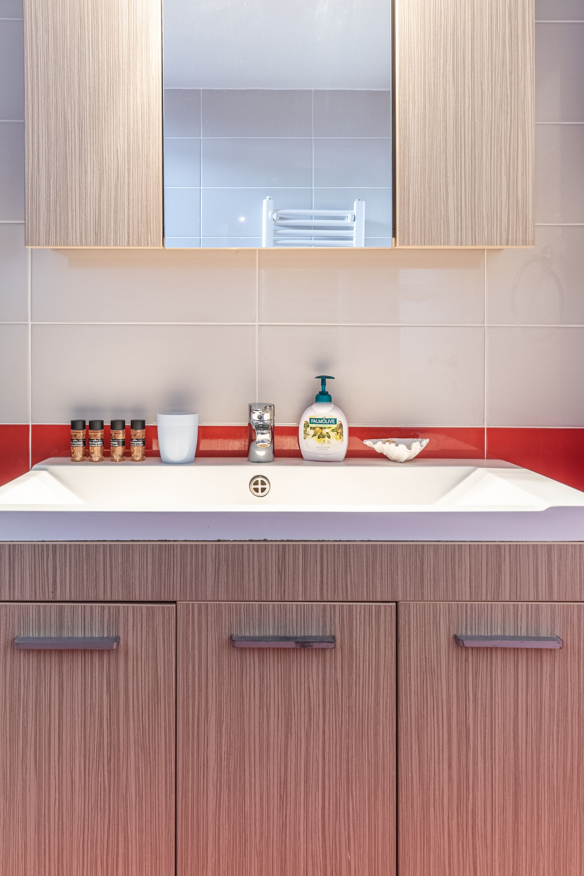 Un baño con un lavamanos blanco, un espejo encima y un salpicadero de azulejos rojos. Hay artículos de aseo en el lavamanos, incluyendo una botella de champú, un dispensador de jabón y un portalápices para cepillos de dientes.