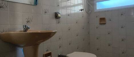 Une salle de bain avec un lavabo sur colonne, des toilettes et une douche.