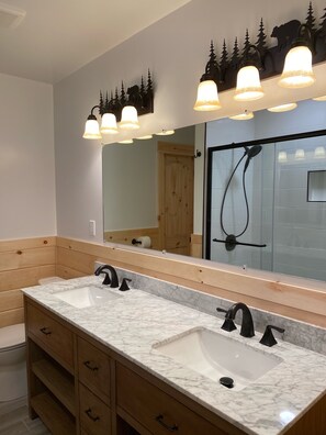 Combined shower/bathtub, hair dryer, towels, toilet paper