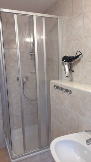 Shower, hair dryer, soap, toilet paper