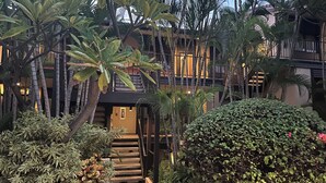 Un edificio a più piani con una scala circondata da rigogliosa vegetazione tropicale.