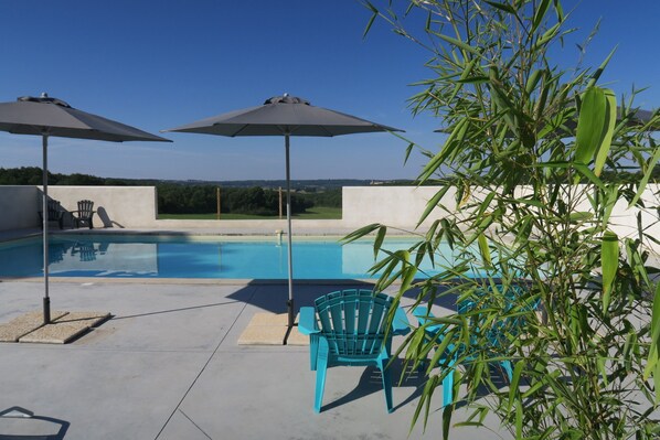 Outdoor pool, pool umbrellas, pool loungers
