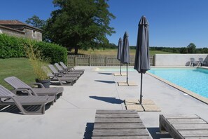 Outdoor pool, pool umbrellas, pool loungers