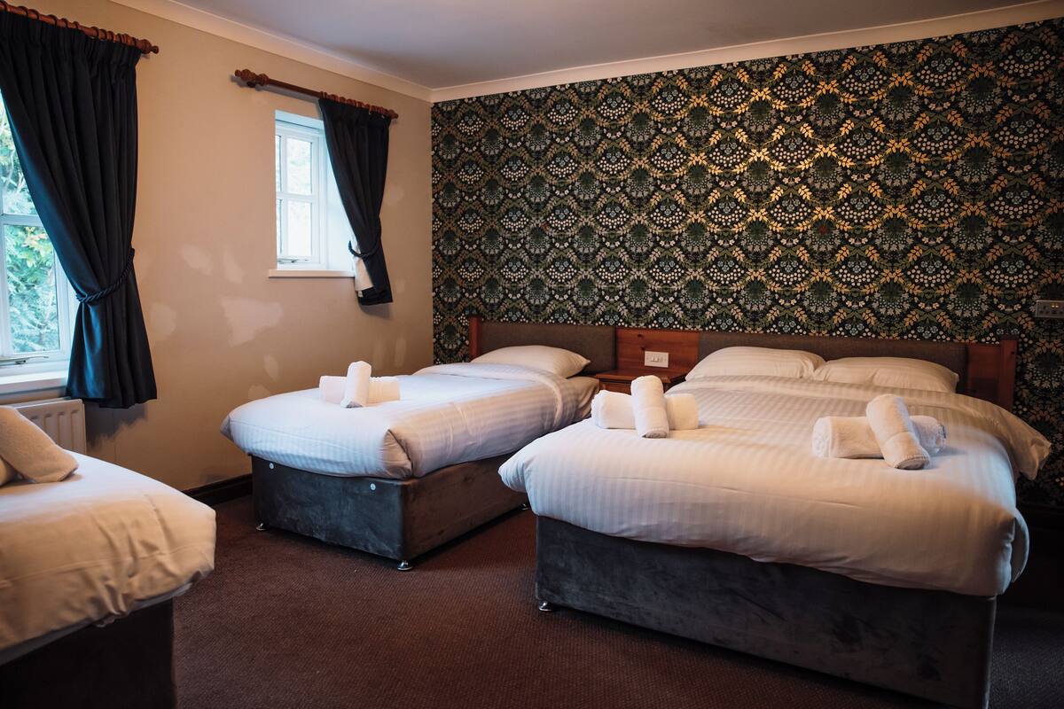 Habitación de hotel con dos camas, una ventana y un papel tapiz estampado.