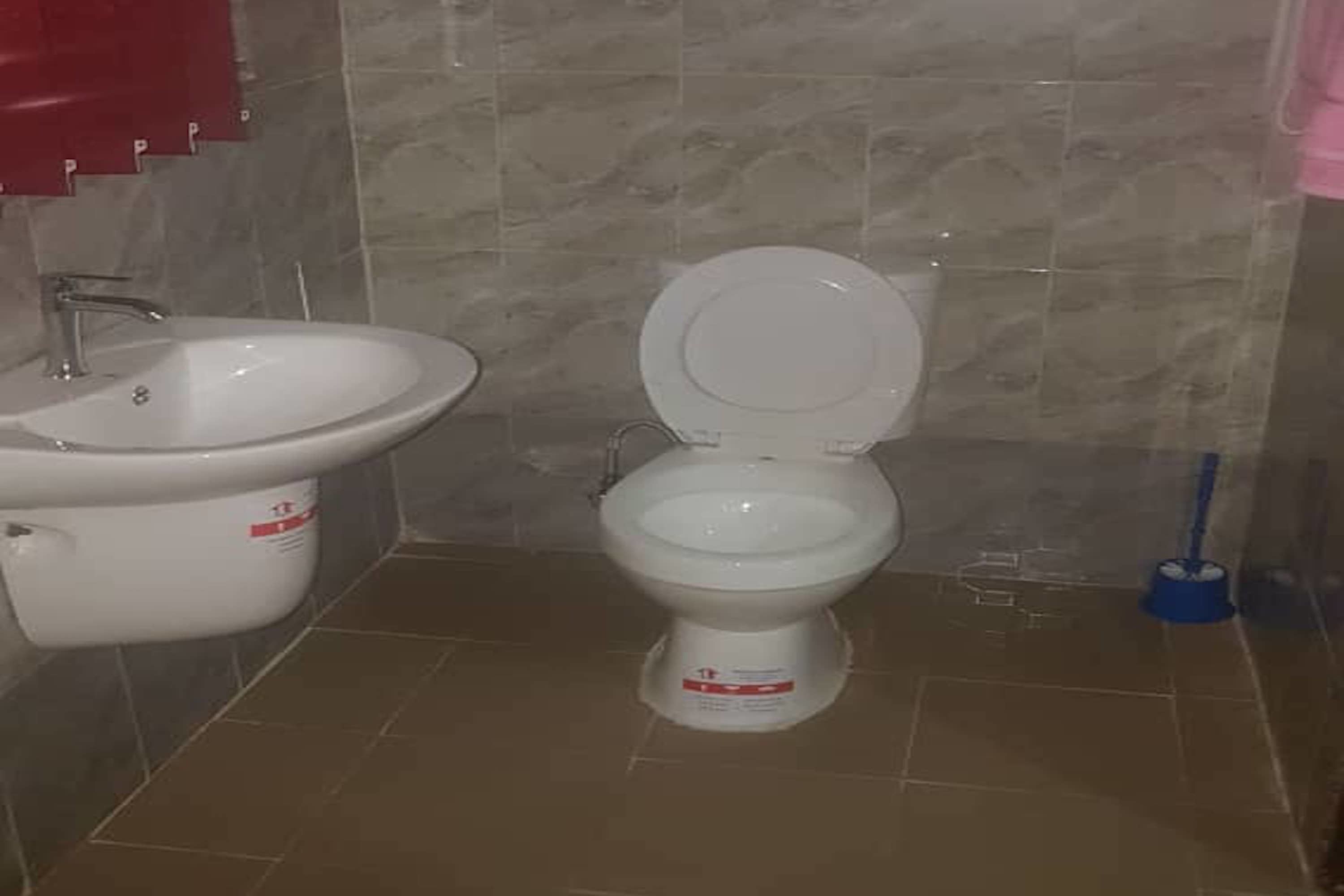 Un baño con inodoro y lavamanos blancos, y un trapeador azul.