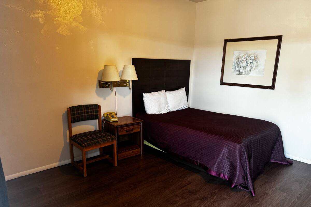 A hotel room with a bed, a chair, a nightstand, a telephone, and a framed picture on the wall.