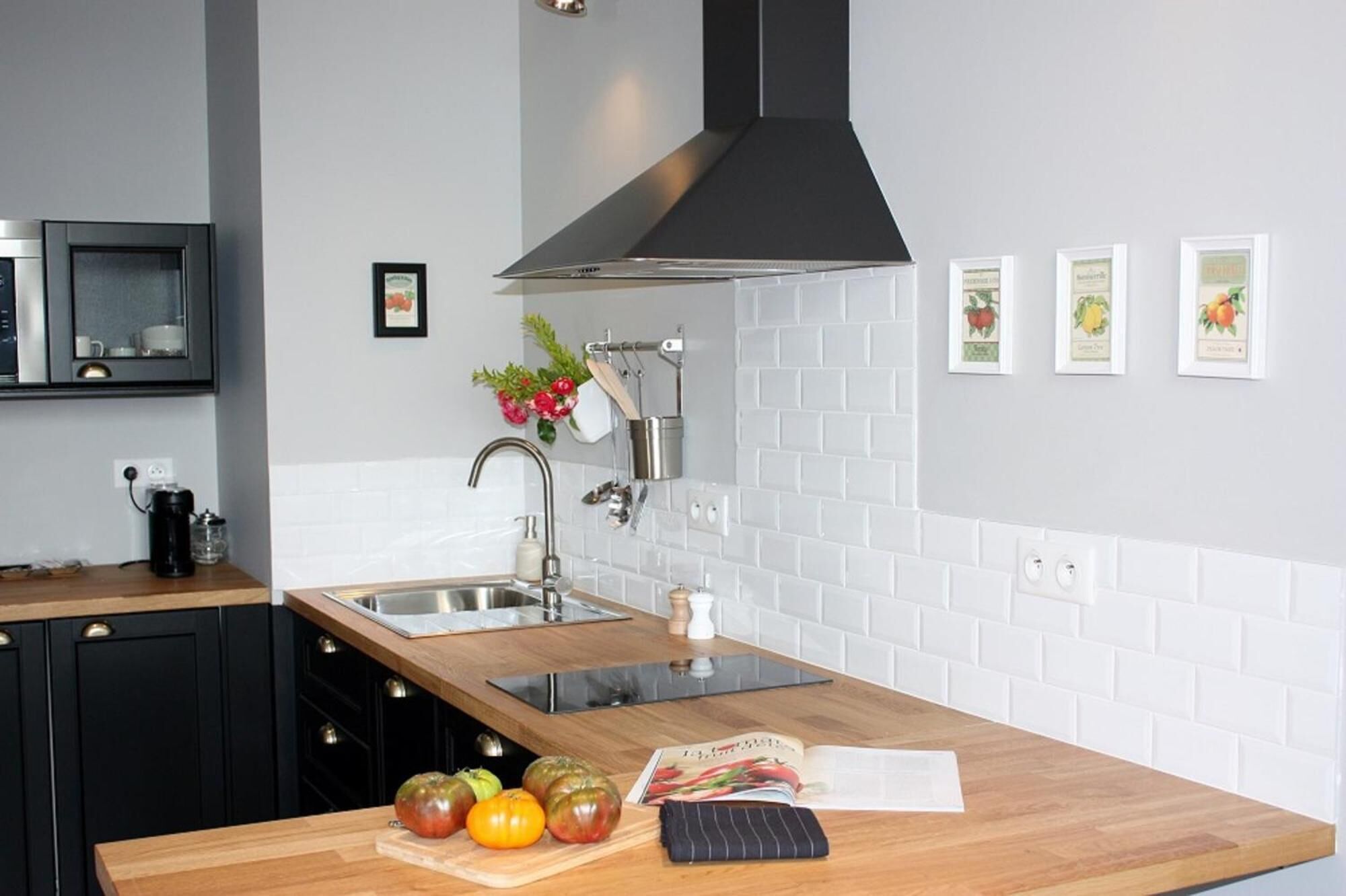 Una cocina moderna con encimera de madera, pileta de acero inoxidable y extractor de aire negro. Hay cuadros enmarcados en la pared y una pequeña planta en la encimera.