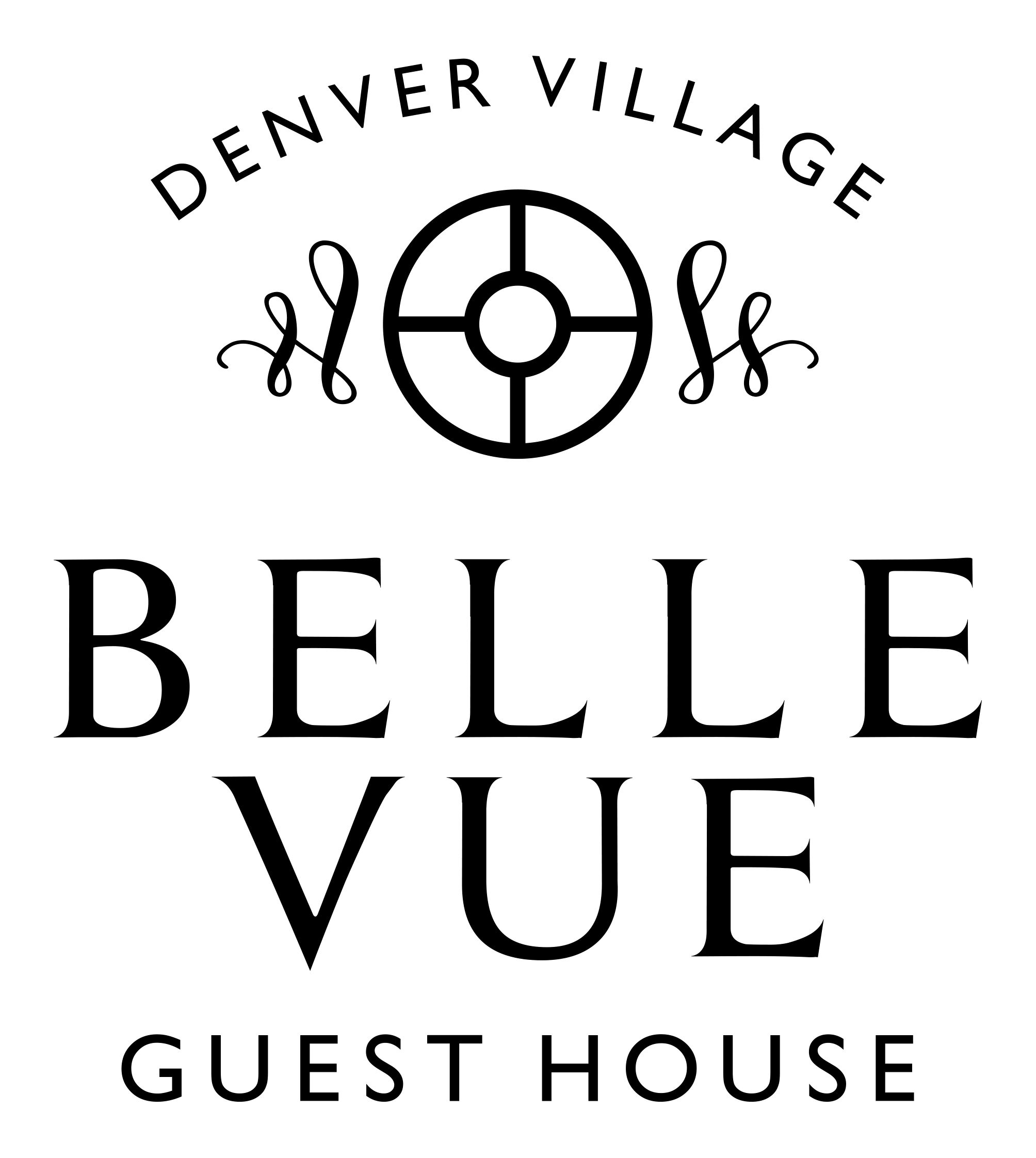 Logo for "DENVER VILLAGE BELL VUE GUEST HOUSE" med et stiliseret kompas og dekorative elementer.