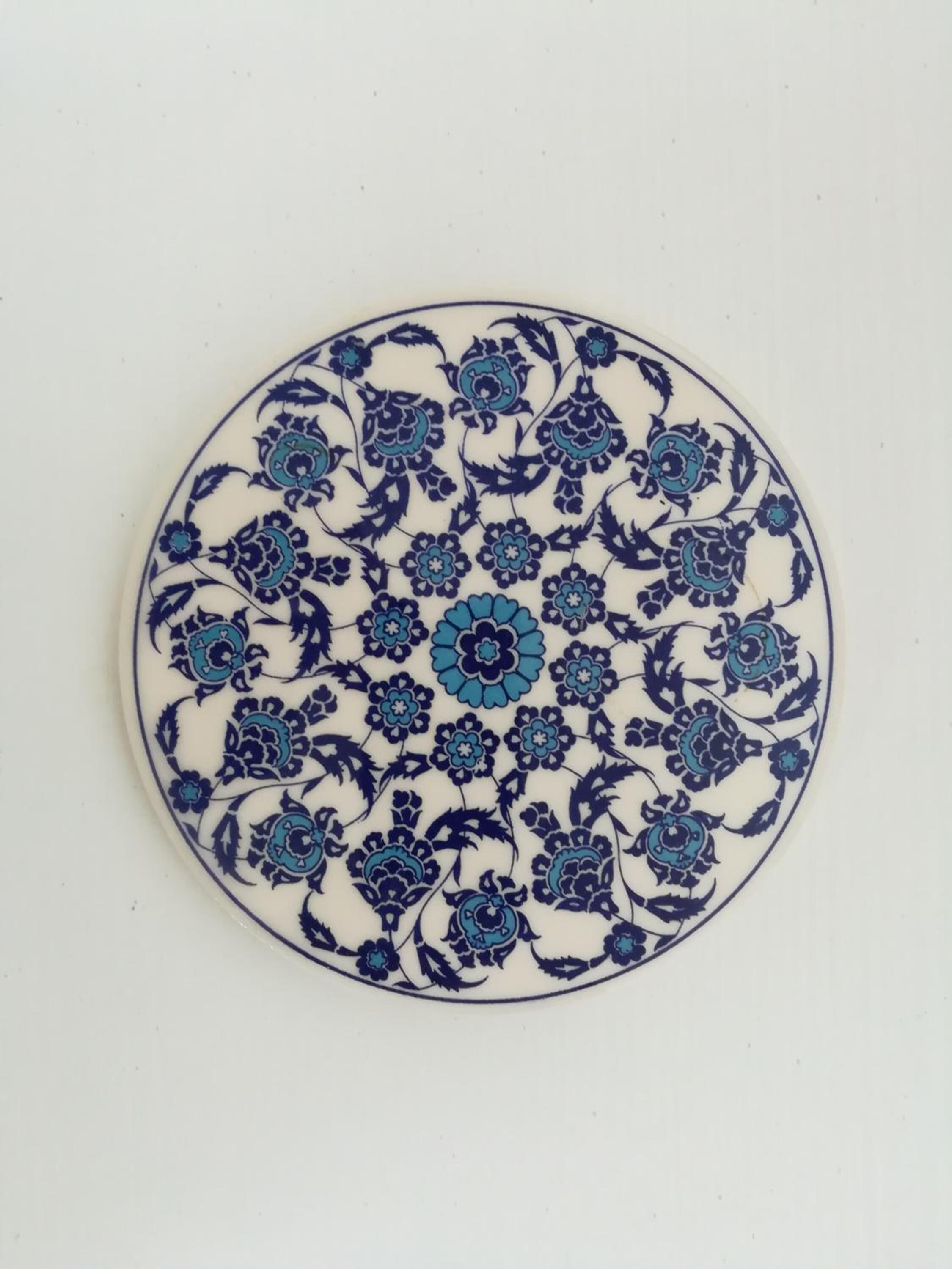 A round plate with a blue and white floral pattern.