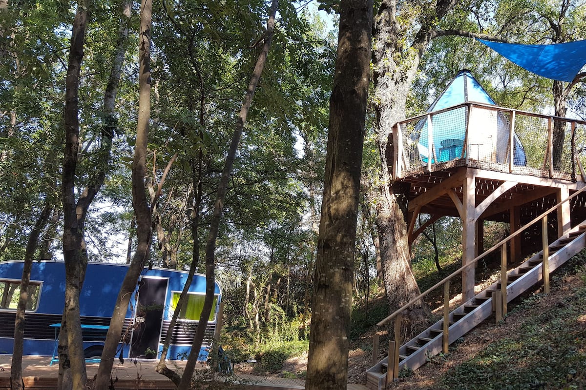 A wooden tower structure with a blue roof, surrounded by trees, and a blue canopy above.