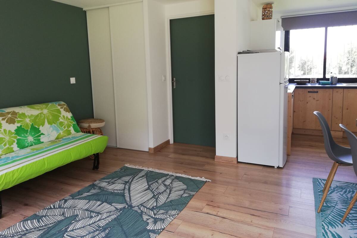 A compact living space with a sofa, a refrigerator, a dining area, and a window with a view.