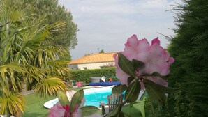 Zona de piscina con vista despejada, rodeada de vegetación exuberante y plantas con flores.