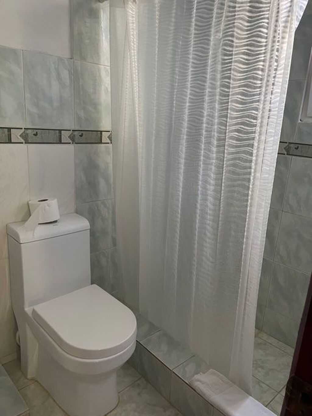 Un baño con inodoro, cortina de ducha y paredes con azulejos.