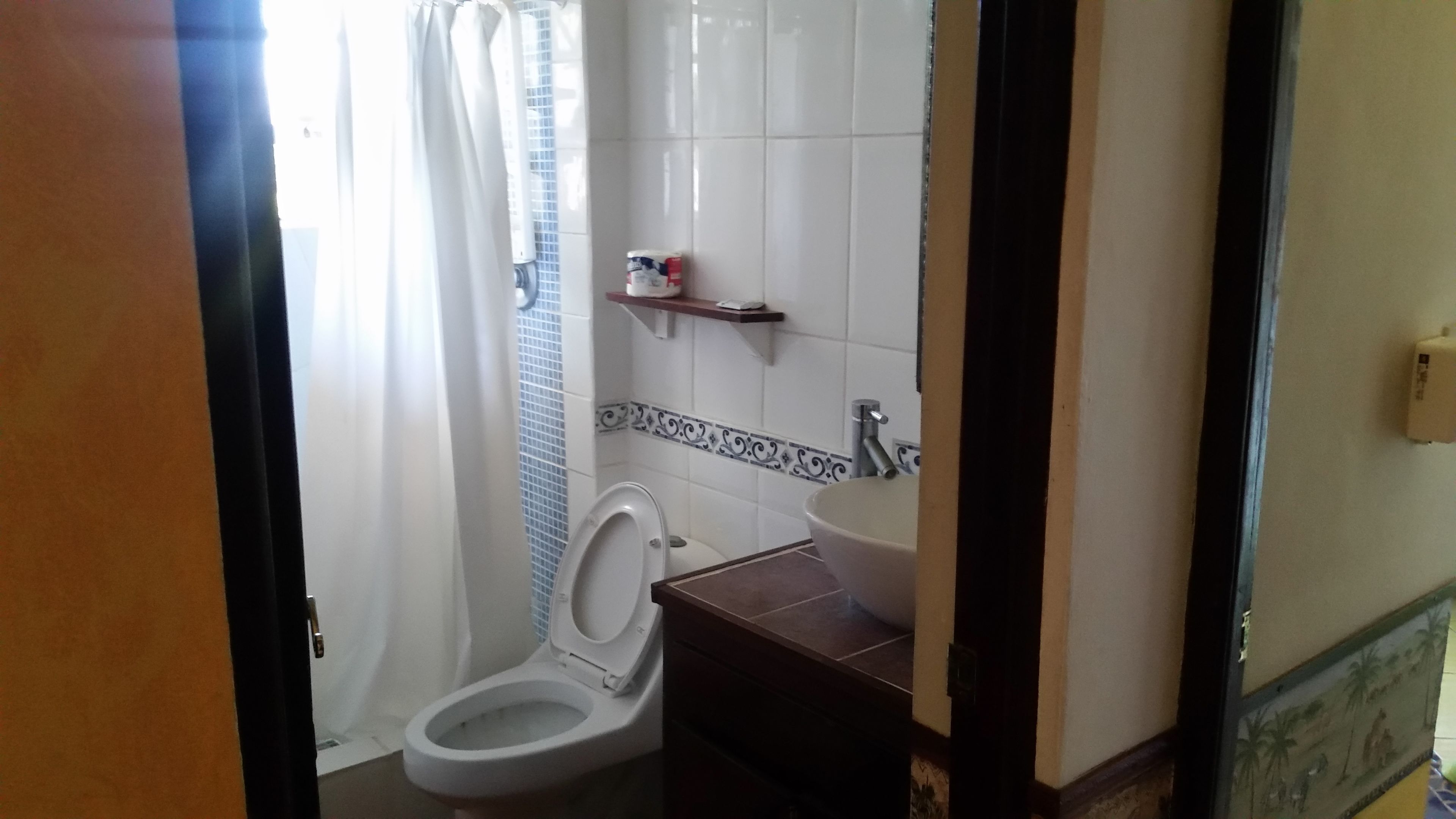 A bathroom with a toilet, a sink, and a shower curtain.