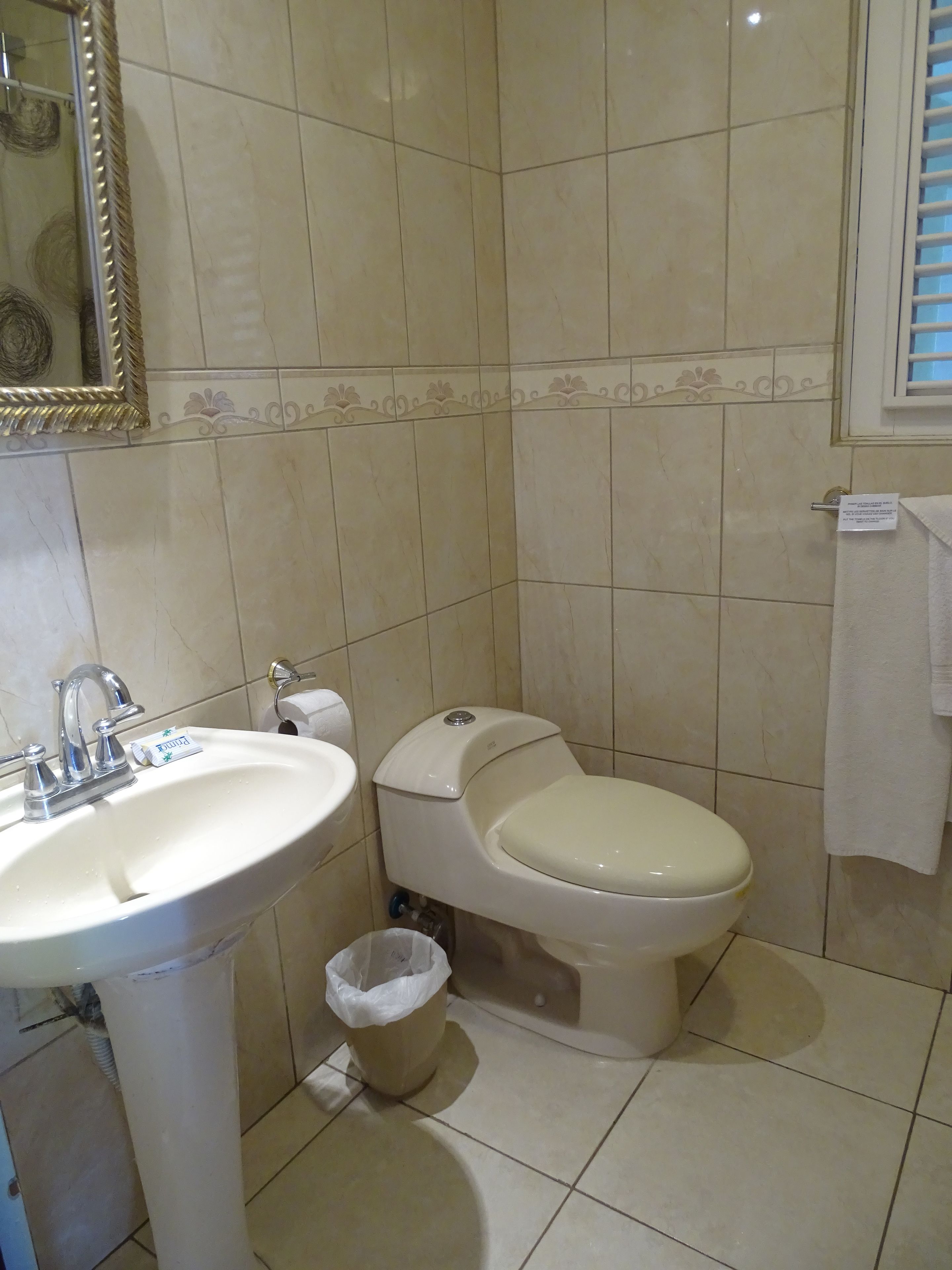 A bathroom with a sink, toilet, and a trash bin.