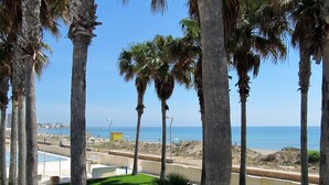 Vista de una playa con palmeras, cielo despejado y un horizonte urbano distante.
