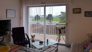 A living room with a TV, a glass table, a dog, and a telescope by a sliding glass door. - GRAND STUDIO sea view, 47M2 tastefully decorated, 3 stars (Dinard)