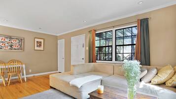 TV, fireplace, video library