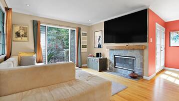 TV, fireplace, video library