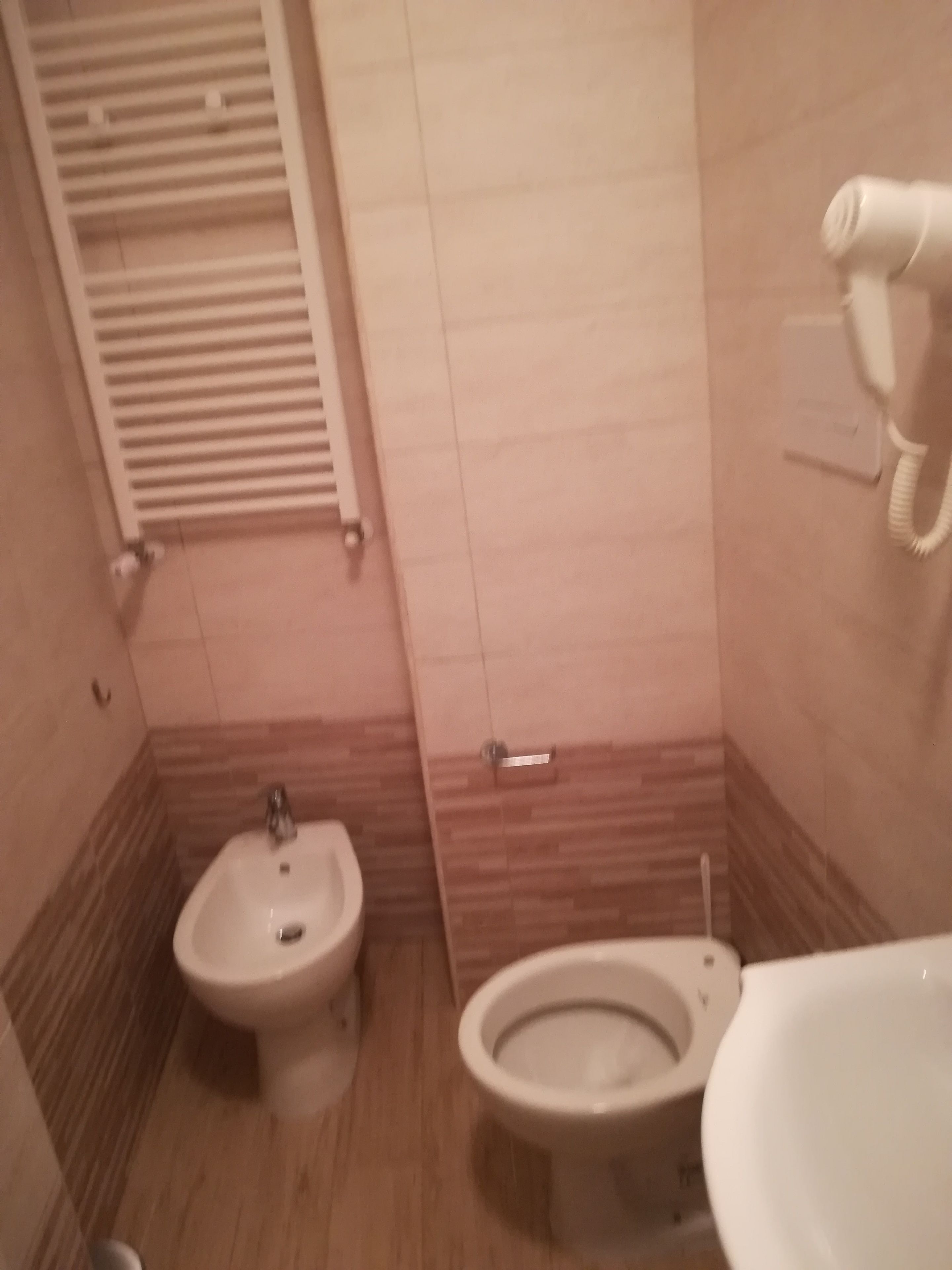 Pieni kylpyhuone, jossa on bidee, wc ja pesuallas.