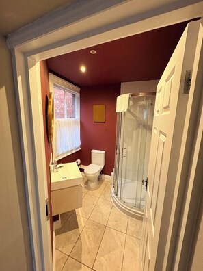A bathroom with a toilet, sink, and shower.