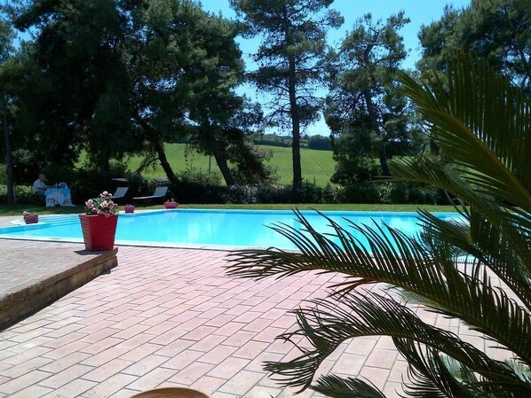 Seasonal outdoor pool, open 8:00 AM to 7:00 PM, pool loungers