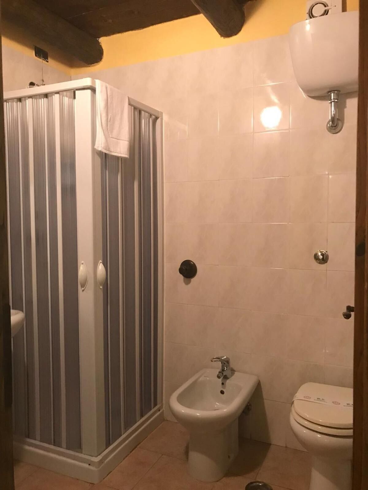 Ein Badezimmer mit Duschkabine, Bidet und Toilette.