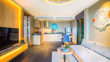Villa, 1 Bedroom, Sea View | Living room | 55-inch Smart TV with cable channels