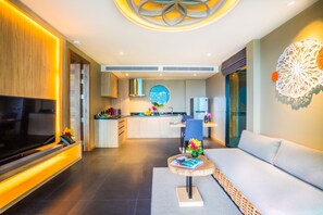 Villa, 1 Bedroom, Sea View | Living room | 55-inch Smart TV with cable channels - The Senses Pool Villas (Patong)