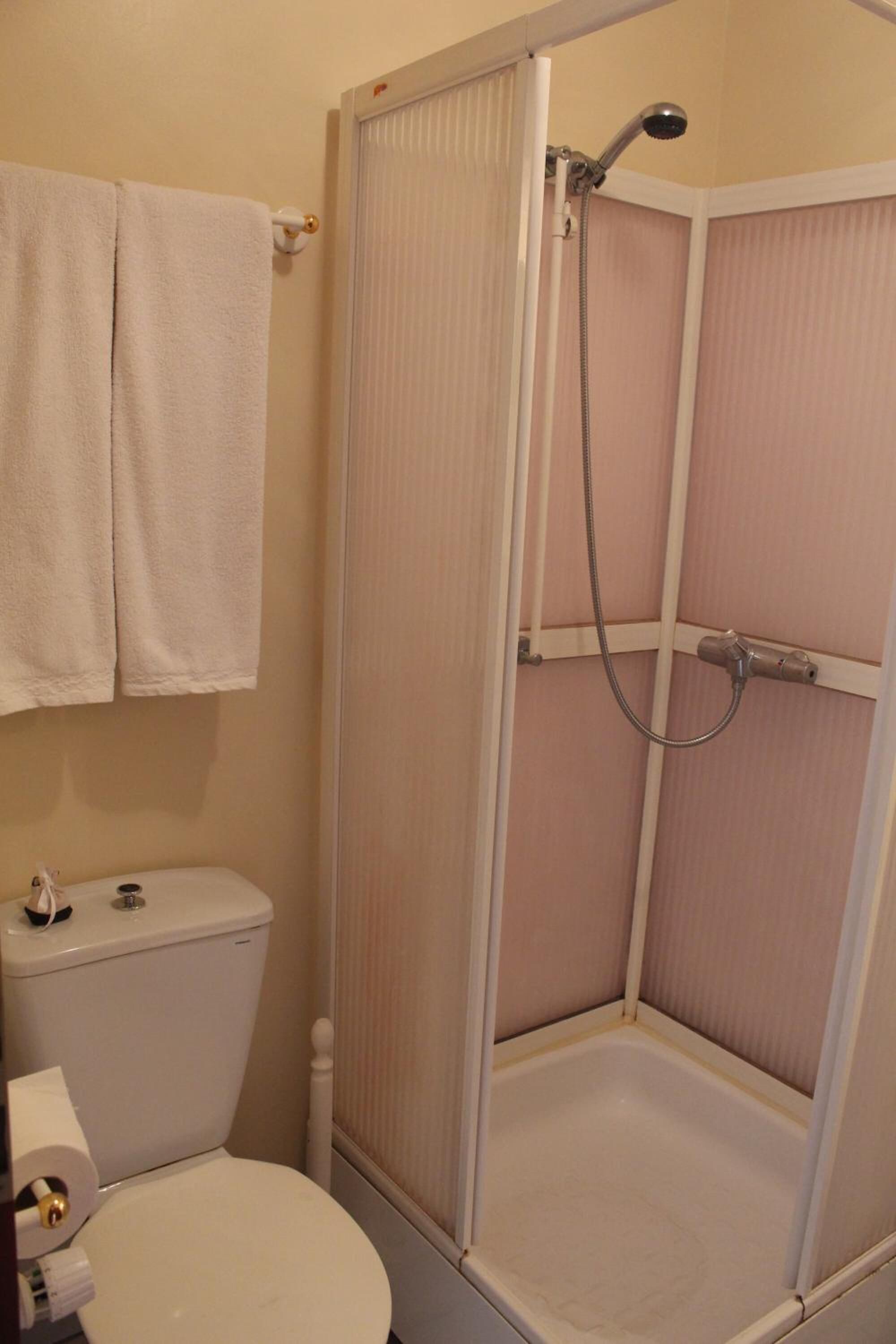 Un baño con inodoro, cabina de ducha y perchero para toallas.