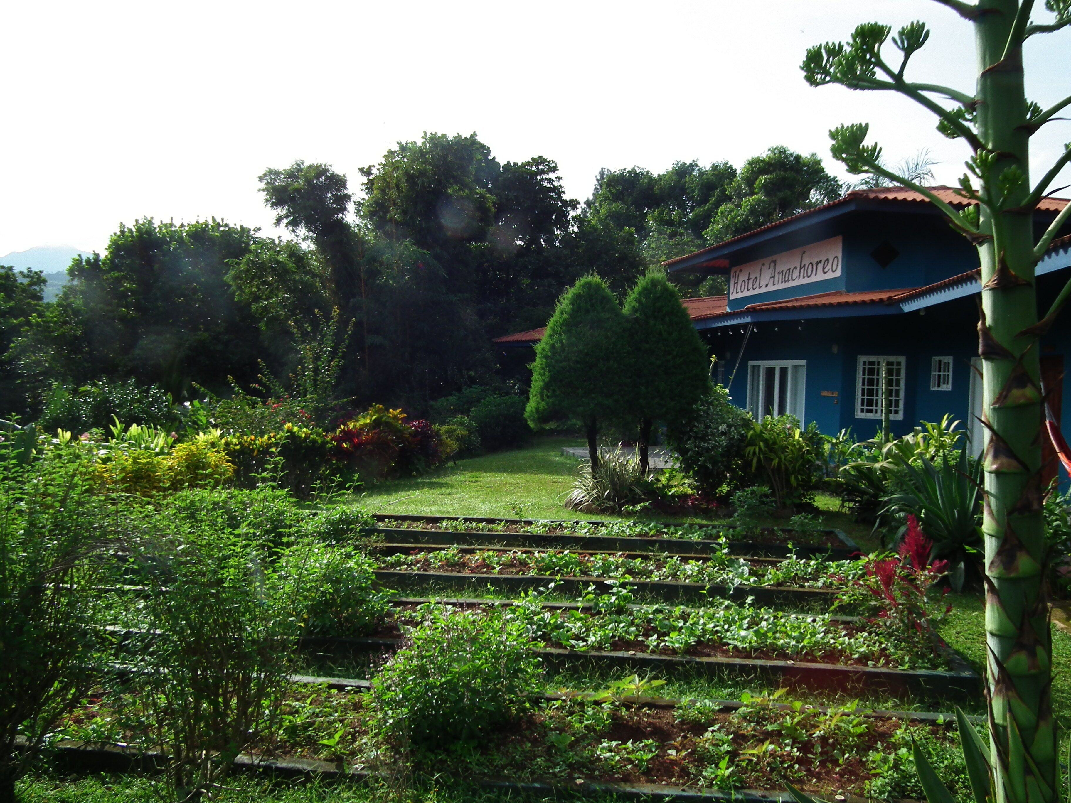 Un hotel con un cartello che recita 'Hotel Anacoreto', immerso in un lussureggiante verde e circondato da un giardino curato.