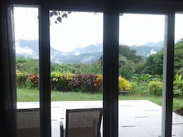 Vista a través de un ventanal de un patio con mesa y sillas, con vista a un jardín exuberante y montañas a la distancia.