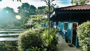 A blue building with a tiled porch, surrounded by lush greenery and a garden. - Hotel Anachoreo (Santa Fe)