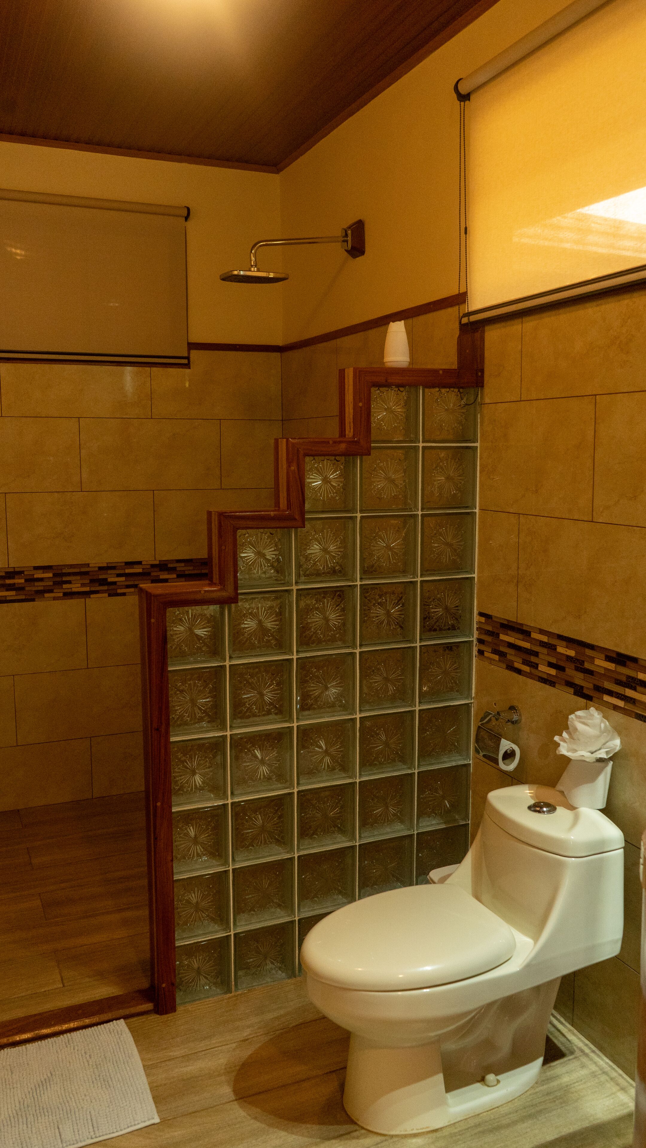 A bathroom with a toilet, a shower, and a glass-enclosed vanity.