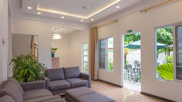 Ein moderner Wartebereich mit grauen Sofas, einer großen Pflanze in einem Topf und großen Fenstern mit Vorhängen.